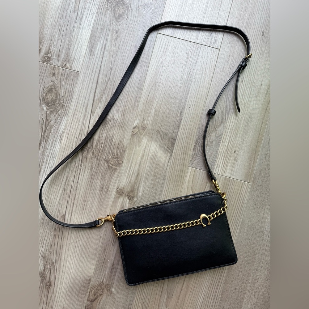 COACH Refined Calf Leather Signature Chain Crossbody Black/Gold